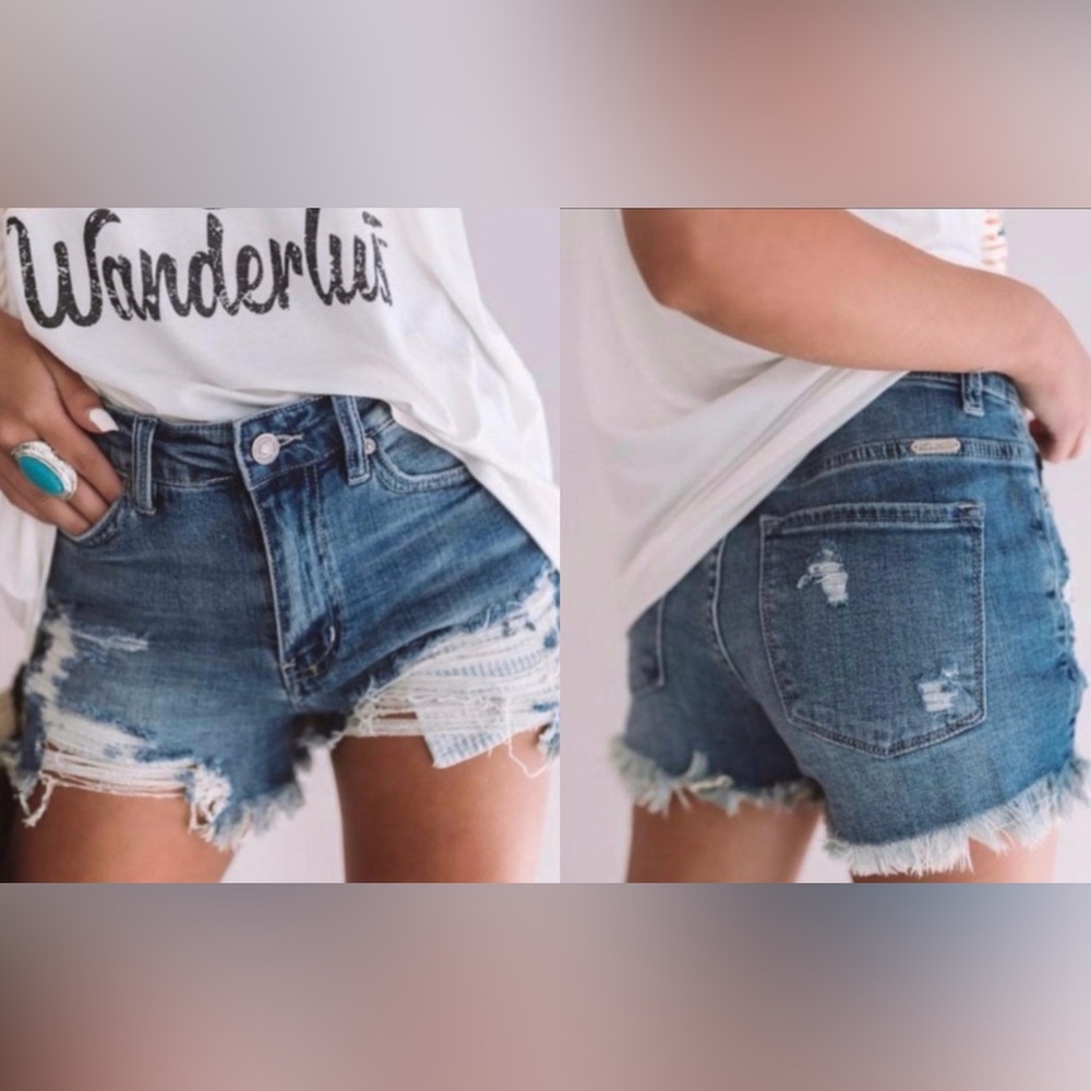 KanCan Dark Wash Distressed Denim Cut Off Jean Shorts